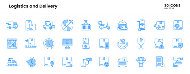 Logistics and Delivery icon set. delivery, shipping, logistics, box, courier, cargo, warehouse, truck, transport, package, shipment. Vector blue icon illustration