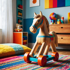 Colorful wooden rocking horse toy with intricate designs in a vibrant children's playroom


