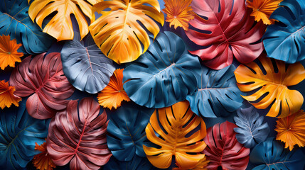 A colorful arrangement of leaves with a blue background. The leaves are in various shades of orange, yellow, and blue. Concept of vibrancy and energy, as if the leaves are dancing in the wind