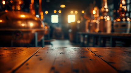 close up of empty wooden table with blurred copper still distillery making alcohol background