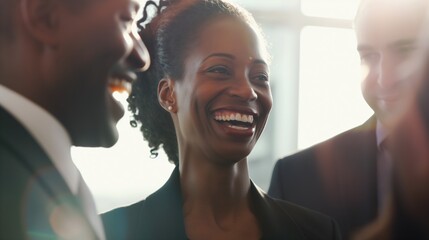 African American / black business woman socializing with colleagues / Professional business people in a meeting / Concept of success and achievement