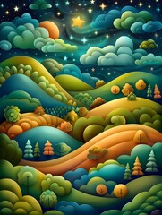 Obraz premium Whimsical Cartoon Landscape with Enchanted Forest and Twinkling Stars in Magical Night Sky