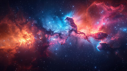 Obraz premium A colorful galaxy with a bright orange cloud in the middle. The stars are scattered throughout the sky, creating a sense of depth and wonder