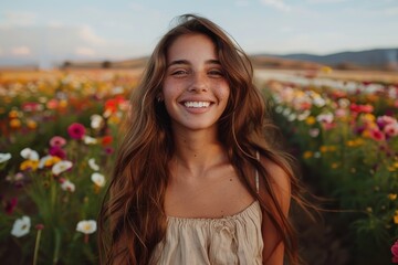 A happy woman with long flowing hair, wearing a beige top, smiles brightly in a vibrant flower field under a clear blue sky, portraying exuberance and the beauty of nature.