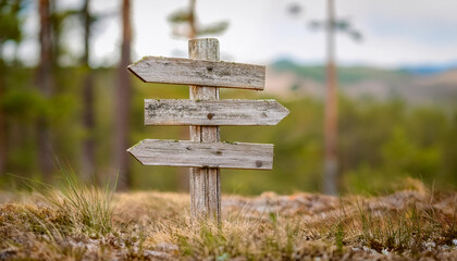 Naklejka premium Old wooden signpost with three 3 arrows against natural background. Pointer showing direction