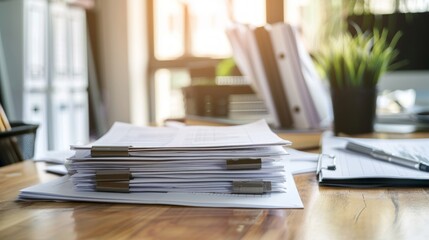 Stack of papers and clipboard on white office desk with a potted plant near a window Concept of paperwork, office work, administrative tasks, business documents. Copy space
