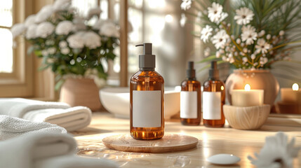 A bottle of soap is on a wooden table next to a vase of flowers. The bottle is labeled with the word "Dorcelle." The table is surrounded by other items, including a bowl, a vase, and a candle