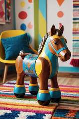 Handcrafted wooden horse toy with intricate carvings and colorful paint in a cozy playroom

