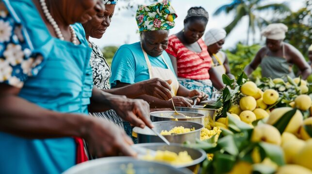 Diverse Group of Women and Senior Citizens Preparing and Enjoying Mango Sago at Outdoor Cooking Class with Tropical Backdrop During Daytime, Conveying Community and Support