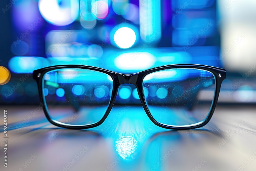 Poster black eyeglasses sit on a desk in front of a computer screen with blue lights reflecting in the lens
