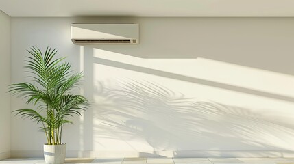 Air conditioning unit on a wall with green indoor plant. Concept of home cooling, climate control, indoor comfort, modern interior. Copy space