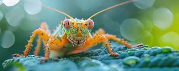 Fototapeta premium A close-up image of a brightly colored insect with orange and green hues, displaying intricate patterns on its body and standing on a leaf with dewdrops, surrounded by a bokeh background