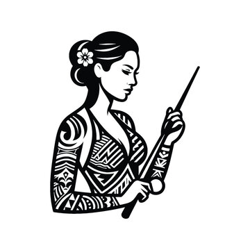 recommend clip art: Billiards, Snooker  female player in ethnic polynesia pattern illustration, emblem shield badge