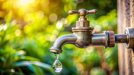 Water Droplet Falling From Faucet In Nature