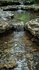 Fototapeta premium A serene image of a small natural stream of clear water flowing gently over rocky formations in a tranquil outdoor setting