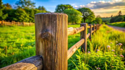 Rustic Wooden Fence Post in a Lush Green Meadow.