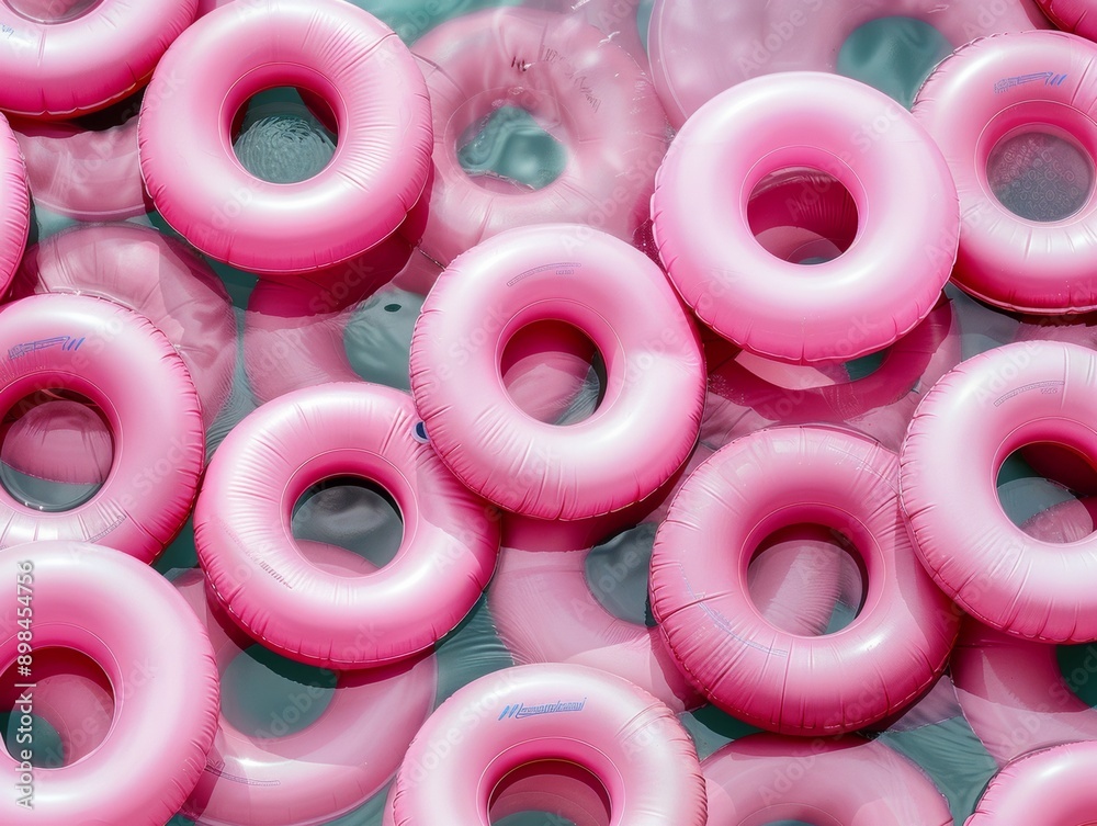 Poster Vibrant Pink Inflatable Rings Geometric Symmetrical Pattern – Aerial View with Soft Diffused Lighting, Highlighting Texture and Depth