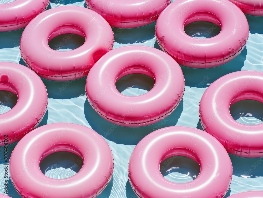Poster vibrant pink inflatable rings forming symmetrical geometric pattern - aerial view with soft diffused