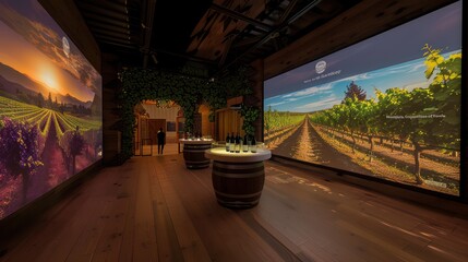 digital sommelier course, where participants learn about wine pairing and tasting in a virtual vineyard setting, screens displaying interactive flavor profiles and vineyard tours