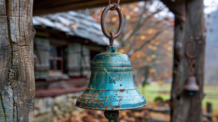 Fototapeta premium An intricately detailed rusted blue bell hanging from a wooden structure, with an old wooden house blurred in the background amidst autumn foliage