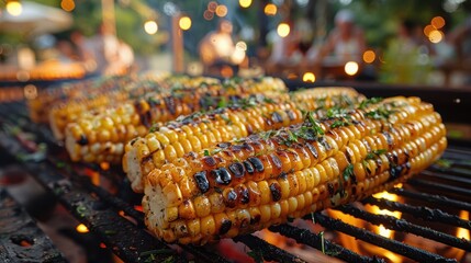 Summertime BBQ Fun: Close-up of Grilled Corn on the Cob with Festive Lights and Friends in the Background