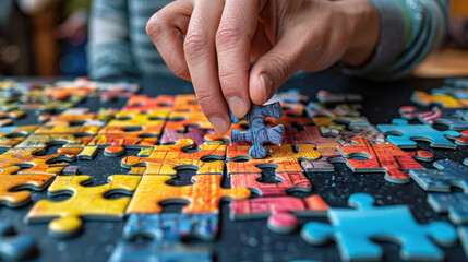 Fototapeta premium A person is putting a puzzle piece into a puzzle. The puzzle is colorful and has a city theme