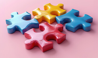Obraz premium A puzzle with four pieces in different colors. The colors are blue, red, yellow, and green