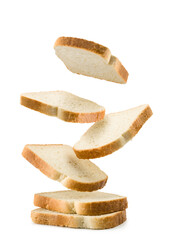 Slices of white bread falling on white background.