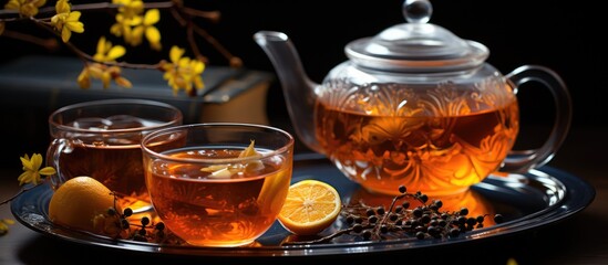 Hot Tea in a teapot and Cup on a darker background