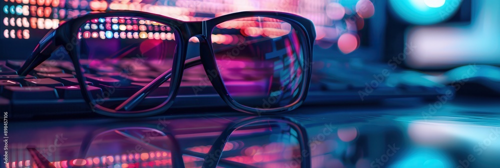 Poster black eyeglasses rest on a computer keyboard illuminated by colorful neon lights. generative ai