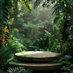 3D green wood podium amidst jungle foliage, product platform, lush nature display