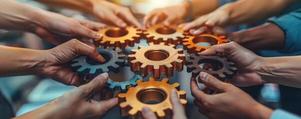 Hands of business workers joining gear cogs, teamwork and technology concept, office environment
