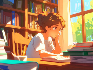 cartoon student studying at desk