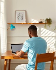 Focused Young Adult Man Casting Online Vote at Home Desk in Natural Light Modern Living Room