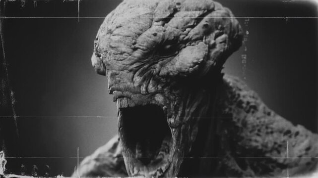 Old, grainy, black and white vintage footage of a scary alien creature. Close-up. Sci-fi horror movie theme. 