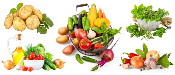 Collage mix set of Fresh vegetbles and spices harvest. Garlic, onions, cayenne pepper, potatoes, tomatoes green leaves. Cooking food natural organic ingredients. Isolated on white background