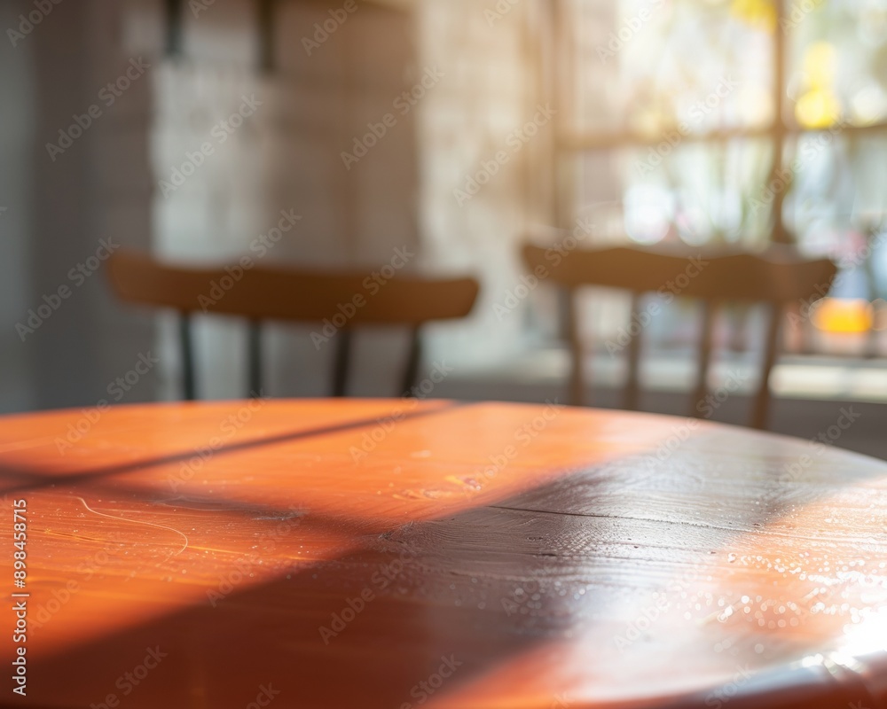 Poster Soft Red Table Surface for Product Display in Vibrant Dining Scene with Natural Sunlight and Bokeh Effect - Minimalist Fresh Modern Aesthetic