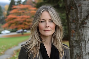 Obraz premium A serene autumn day in the park featuring a confident woman with long blonde hair and a calm expression standing near a tree trunk with vibrant fall foliage in the background