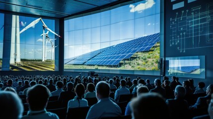 digital symposium on renewable energy, where experts discuss advancements in solar and wind energy on interactive screens