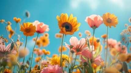 Vibrant Spring Flowers - Sunflowers and Poppies Against Blue Sky on a Bright Thanksgiving Day, Pastel Colors, Morning Light, Cheerful Mood