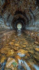 Naklejka premium A captivating view of a stone-lined tunnel with a gentle stream running through it, showcasing the intricate brickwork and natural light at the end of the passage