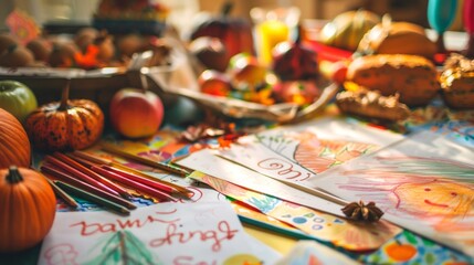 Children's Thanksgiving art and craft table covered with drawings, pumpkins, and autumn leaves. Concept of holiday creativity, kids' activities, seasonal decorations, and family fun