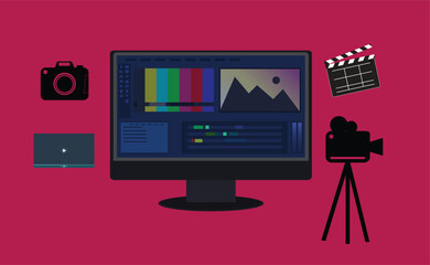 Video production, Editing Black Desktop icon, Clapper movie board,Videography, Editing mixer, video workshop, Video software on Black computer screen, Videomaking editing equipment
