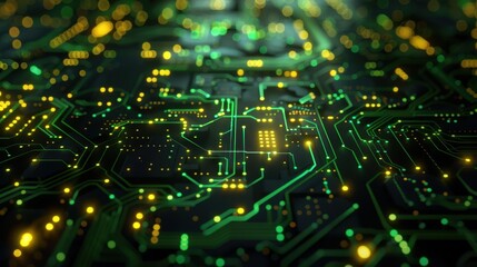 Glowing Green and Yellow Circuit Board Abstract Tech Wallpaper on Black Background