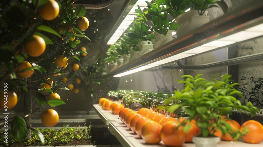 Poster A row of orange trees with ripe fruit grow under artificial lighting in a controlled indoor environment.
