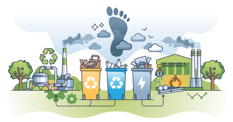 Challenges of modern waste management and trash separation outline concept, transparent background. Burning garbage after recycling with CO2 pollution footprint illustration.