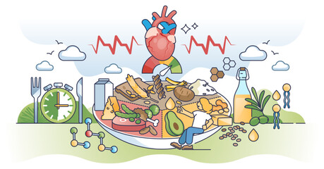 Obraz premium Healthy heart eating habits with balanced food products diet outline concept, transparent background. Plate division with meat, grain and dairy for cardiovascular wellness awareness illustration.