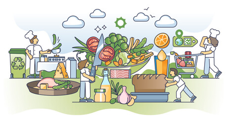 Organic cooking workshop to develop food preparation skills outline concept, transparent background. Ecological ingredients or grocery products usage for chef occupation learning illustration.