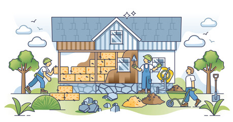 Natural building techniques to build sustainable house outline concept, transparent background. Construction site with green and nature friendly materials for insulation and facade illustration. © VectorMine