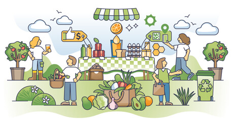 Organic marketplace and local farmer food products market outline concept, transparent background. Buy grocery from sustainable and environmental farms illustration.